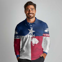 Custom Texas Fishing Long Sleeve Polo Shirt Hooked Fish Graphic - Red White and Blue Theme - Wonder Print Shop
