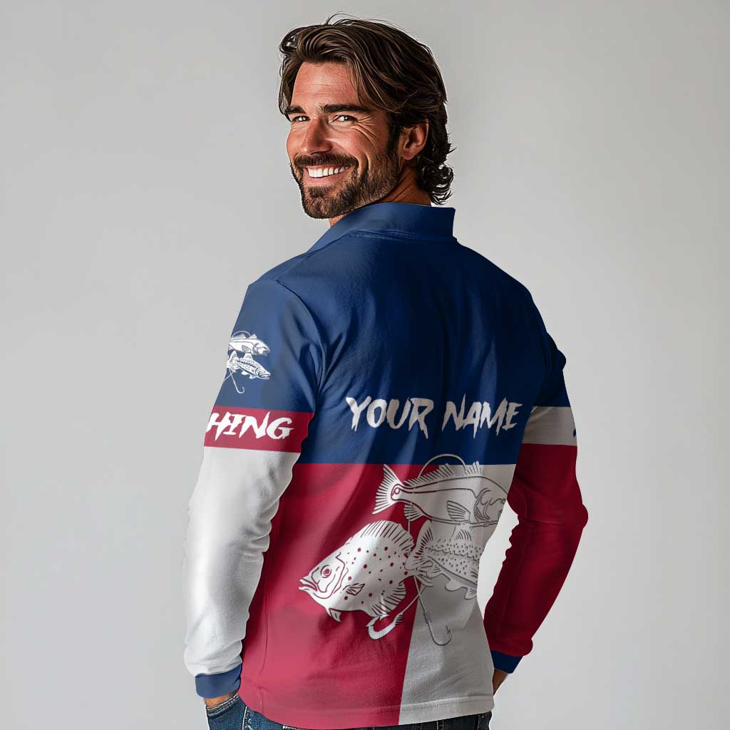 Custom Texas Fishing Long Sleeve Polo Shirt Hooked Fish Graphic - Red White and Blue Theme - Wonder Print Shop