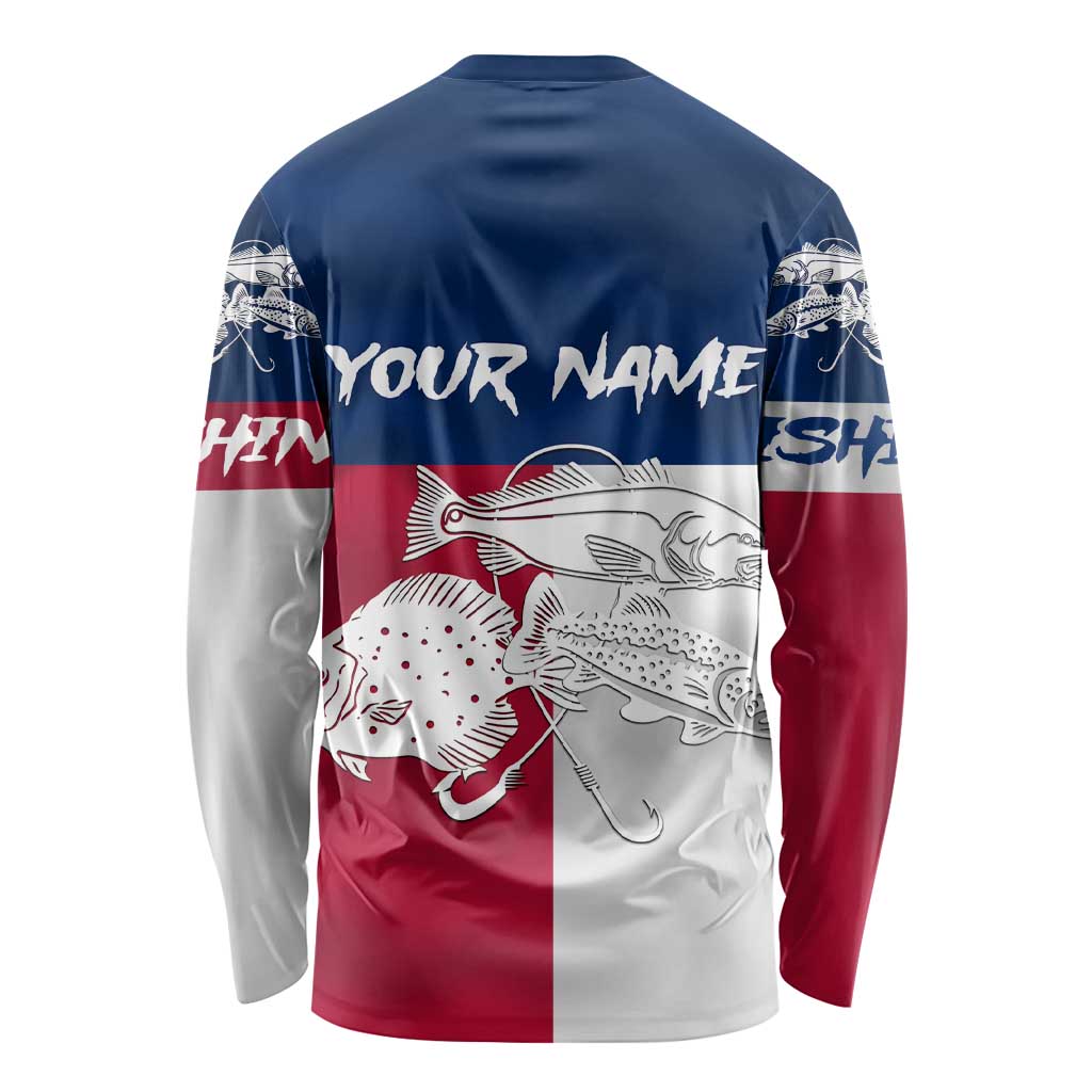 Custom Texas Fishing Long Sleeve Shirt Hooked Fish Graphic - Red White and Blue Theme - Wonder Print Shop