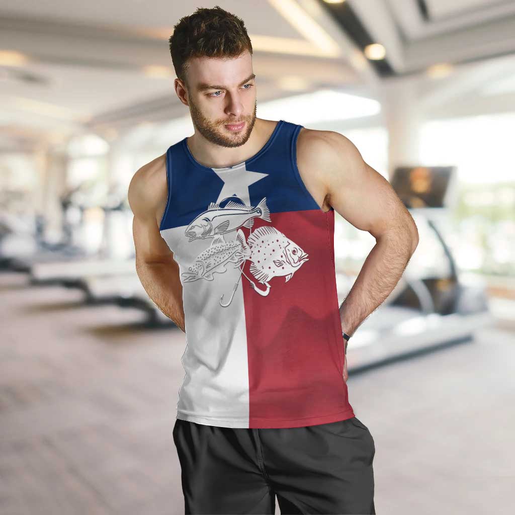 Custom Texas Fishing Men Tank Top Hooked Fish Graphic - Red White and Blue Theme - Wonder Print Shop