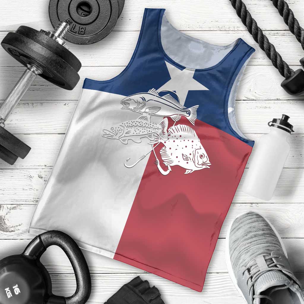 Custom Texas Fishing Men Tank Top Hooked Fish Graphic - Red White and Blue Theme - Wonder Print Shop