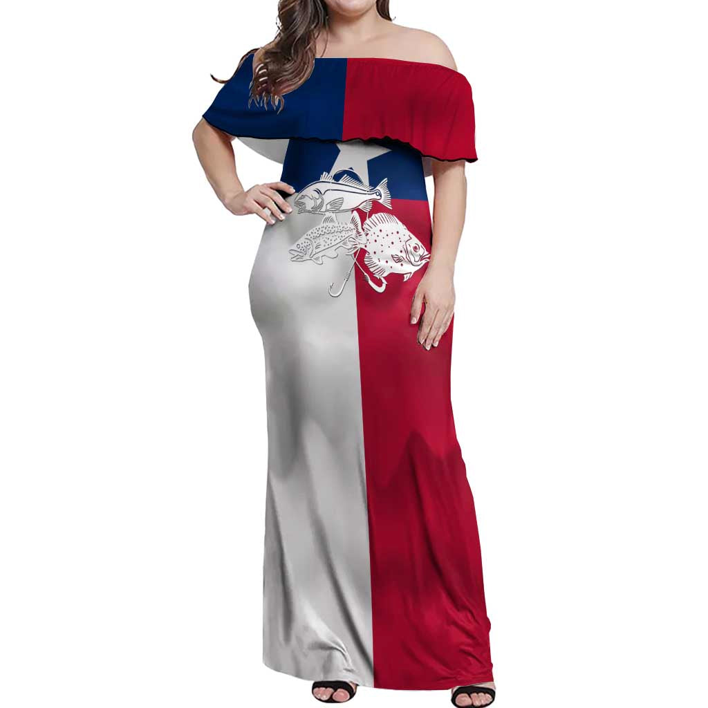 Custom Texas Fishing Off Shoulder Maxi Dress Hooked Fish Graphic - Red White and Blue Theme - Wonder Print Shop