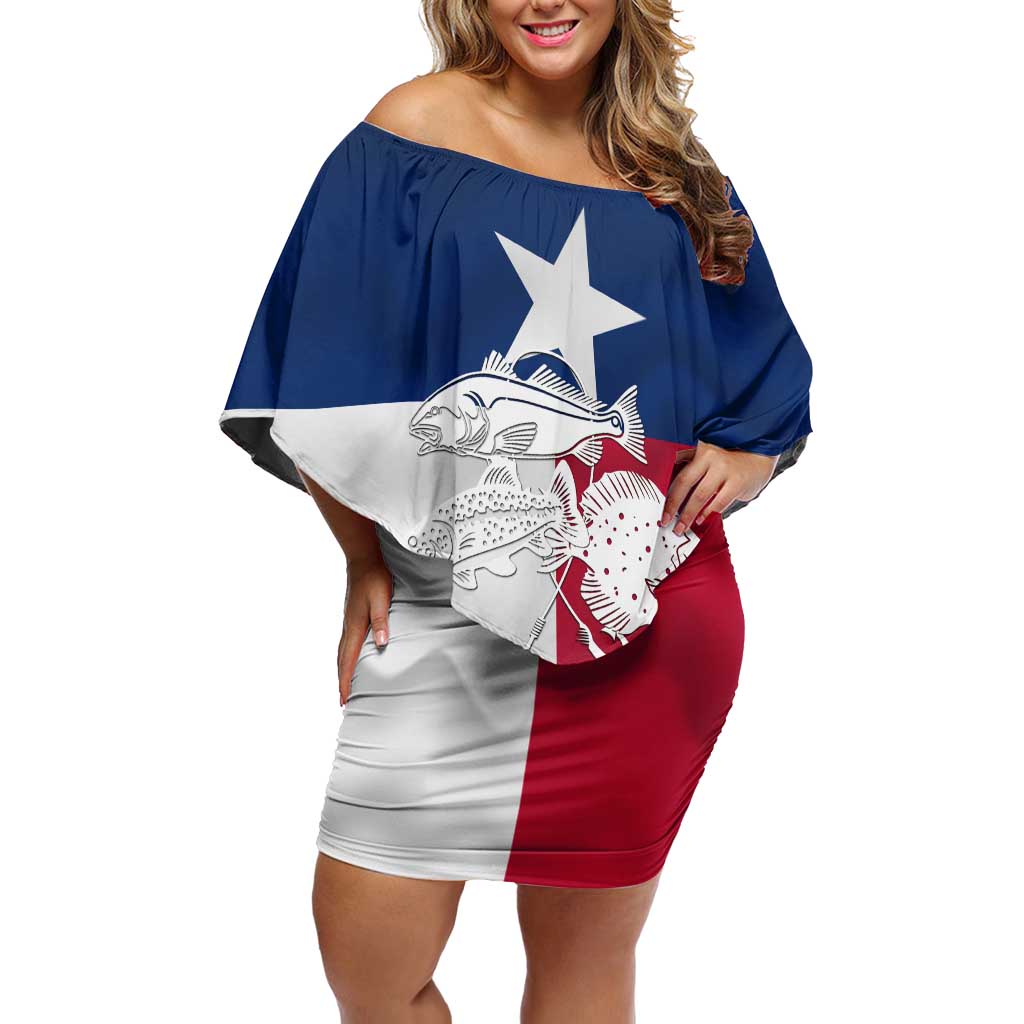 Custom Texas Fishing Off Shoulder Short Dress Hooked Fish Graphic - Red White and Blue Theme - Wonder Print Shop