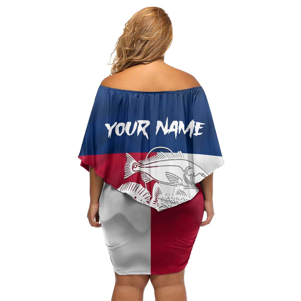 Custom Texas Fishing Off Shoulder Short Dress Hooked Fish Graphic - Red White and Blue Theme - Wonder Print Shop