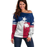 Custom Texas Fishing Off Shoulder Sweater Hooked Fish Graphic - Red White and Blue Theme - Wonder Print Shop