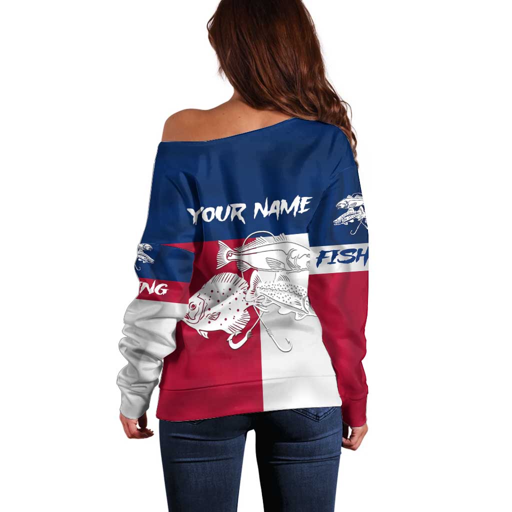 Custom Texas Fishing Off Shoulder Sweater Hooked Fish Graphic - Red White and Blue Theme - Wonder Print Shop