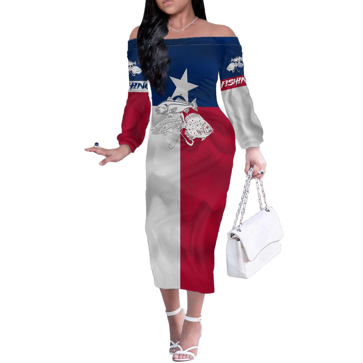 Custom Texas Fishing Off The Shoulder Long Sleeve Dress Hooked Fish Graphic - Red White and Blue Theme - Wonder Print Shop