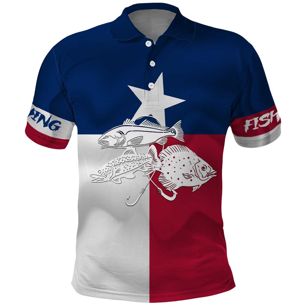 Custom Texas Fishing Polo Shirt Hooked Fish Graphic - Red White and Blue Theme - Wonder Print Shop