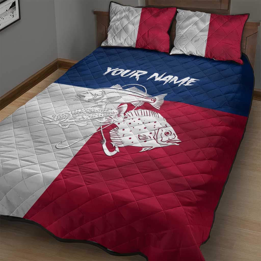 Custom Texas Fishing Quilt Bed Set Hooked Fish Graphic - Red White and Blue Theme - Wonder Print Shop