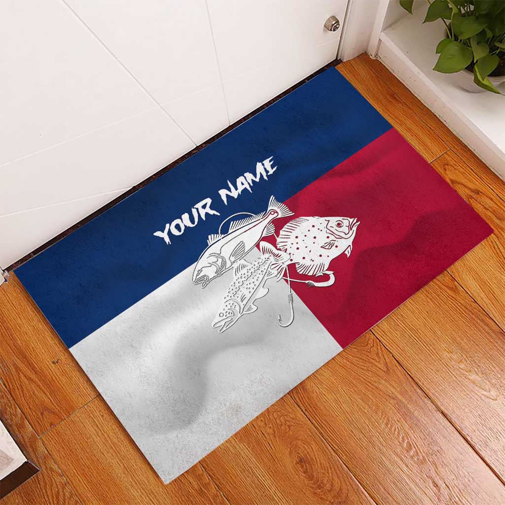 Custom Texas Fishing Rubber Doormat Hooked Fish Graphic - Red White and Blue Theme - Wonder Print Shop