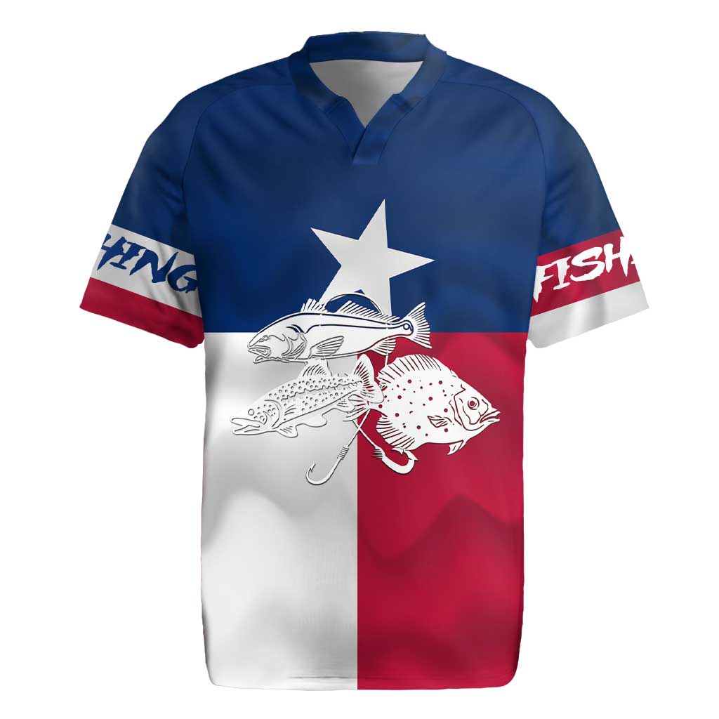 Custom Texas Fishing Rugby Jersey Hooked Fish Graphic - Red White and Blue Theme - Wonder Print Shop