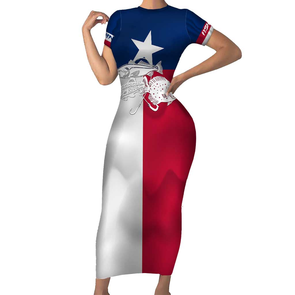Custom Texas Fishing Short Sleeve Bodycon Dress Hooked Fish Graphic - Red White and Blue Theme - Wonder Print Shop