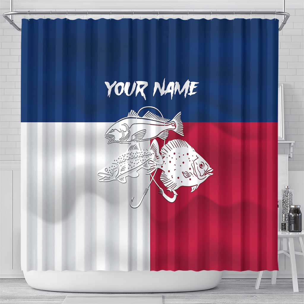 Custom Texas Fishing Shower Curtain Hooked Fish Graphic - Red White and Blue Theme - Wonder Print Shop