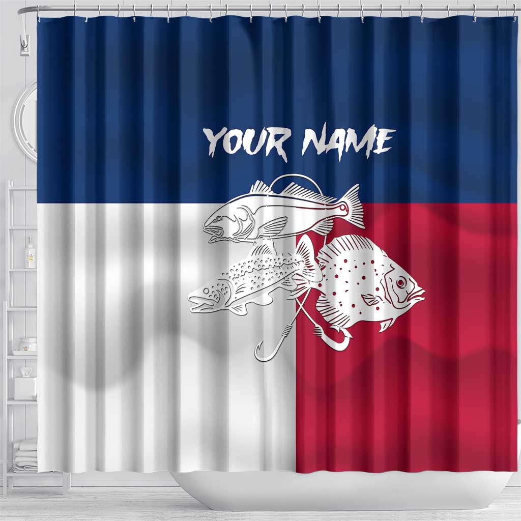 Custom Texas Fishing Shower Curtain Hooked Fish Graphic - Red White and Blue Theme - Wonder Print Shop
