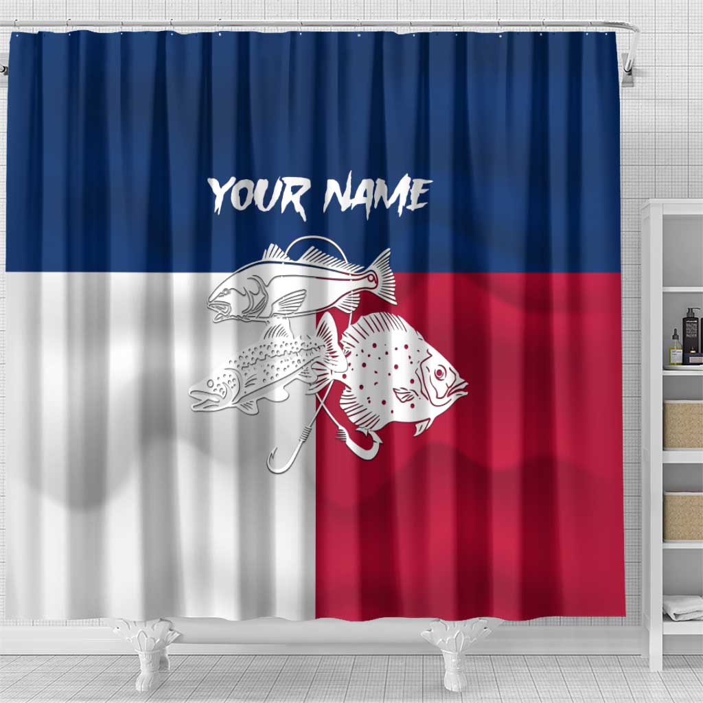 Custom Texas Fishing Shower Curtain Hooked Fish Graphic - Red White and Blue Theme - Wonder Print Shop