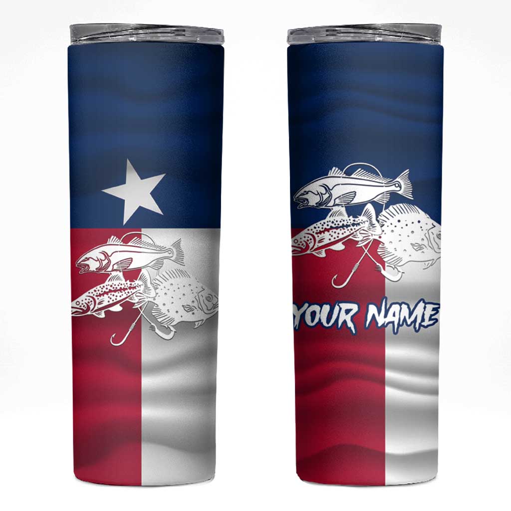 Custom Texas Fishing Skinny Tumbler Hooked Fish Graphic - Red White and Blue Theme - Wonder Print Shop