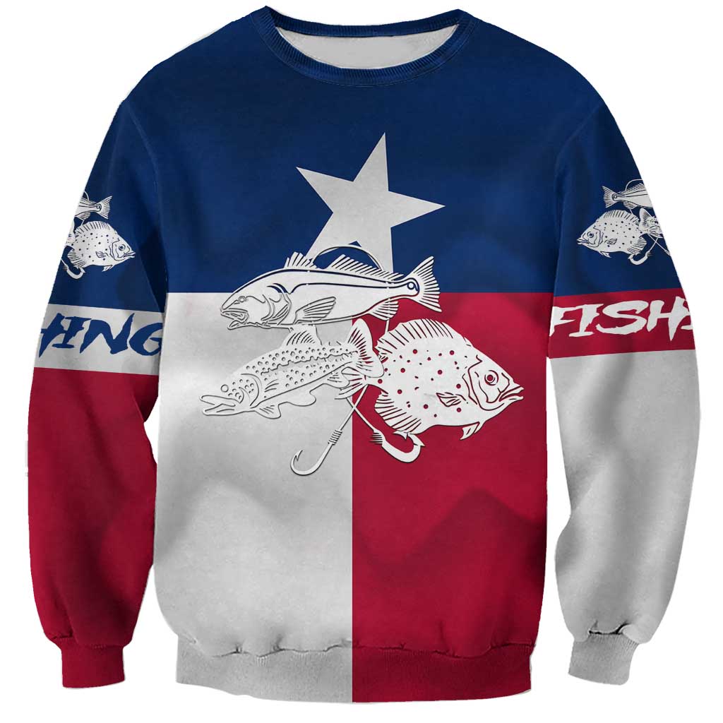 Custom Texas Fishing Sweatshirt Hooked Fish Graphic - Red White and Blue Theme - Wonder Print Shop