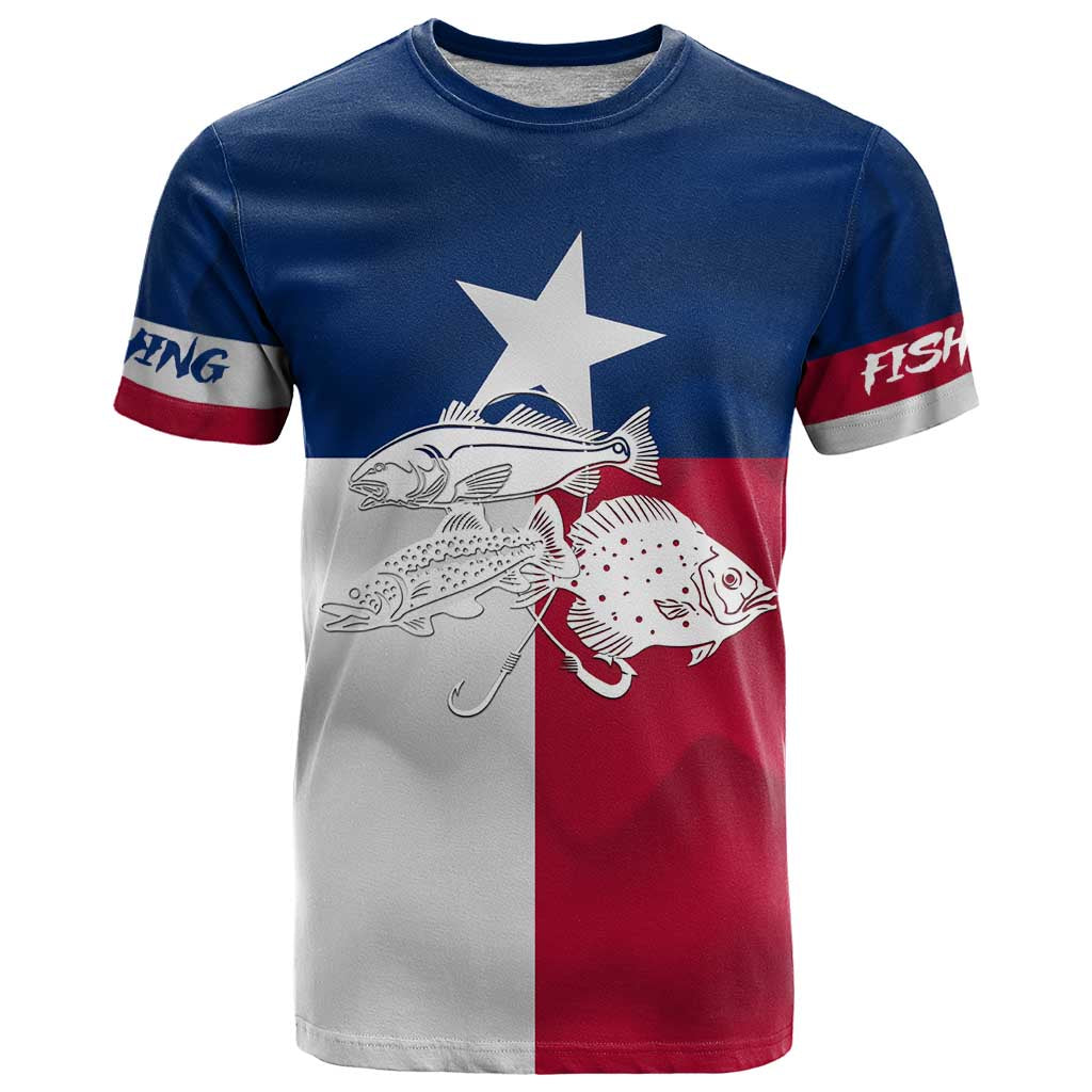 Custom Texas Fishing T Shirt Hooked Fish Graphic - Red White and Blue Theme - Wonder Print Shop