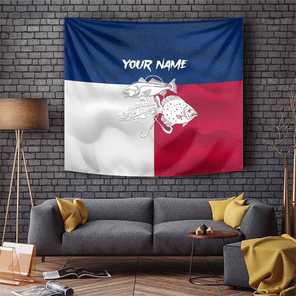 Custom Texas Fishing Tapestry Hooked Fish Graphic - Red White and Blue Theme - Wonder Print Shop