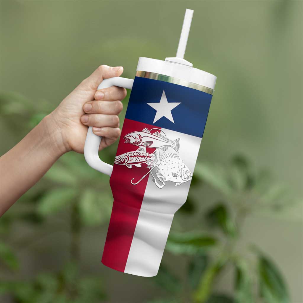 Custom Texas Fishing Tumbler With Handle Hooked Fish Graphic - Red White and Blue Theme - Wonder Print Shop
