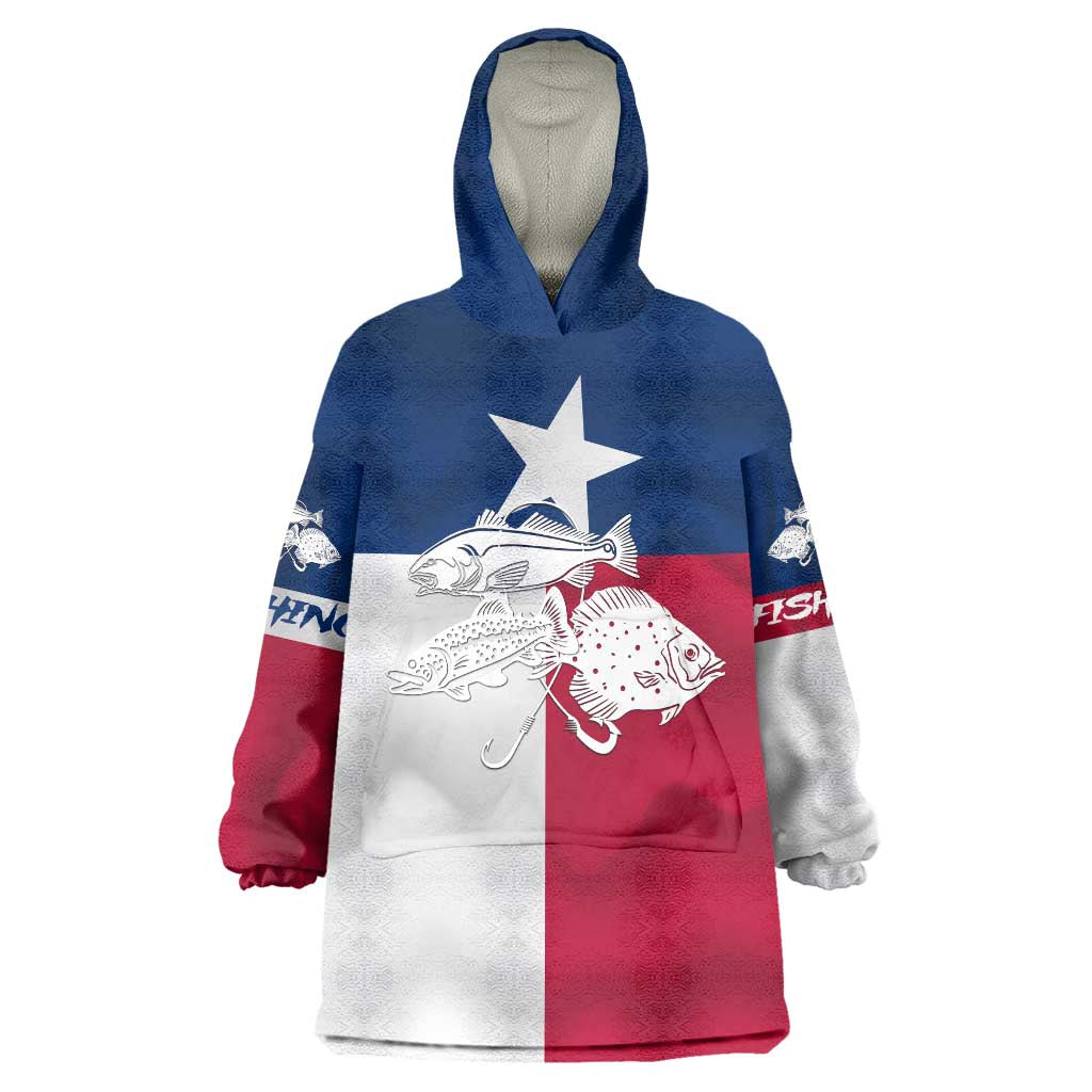 Custom Texas Fishing Wearable Blanket Hoodie Hooked Fish Graphic - Red White and Blue Theme - Wonder Print Shop