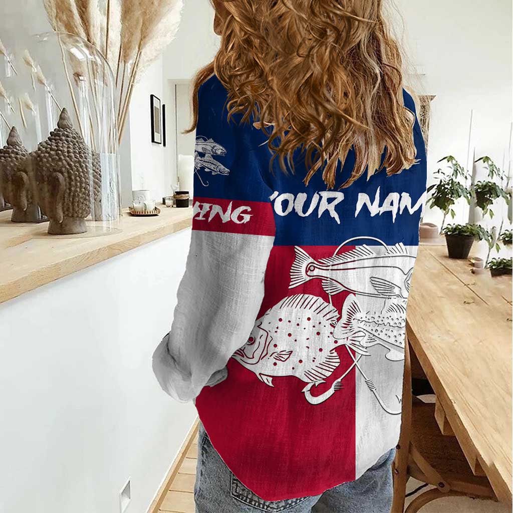 Custom Texas Fishing Women Casual Shirt Hooked Fish Graphic - Red White and Blue Theme - Wonder Print Shop