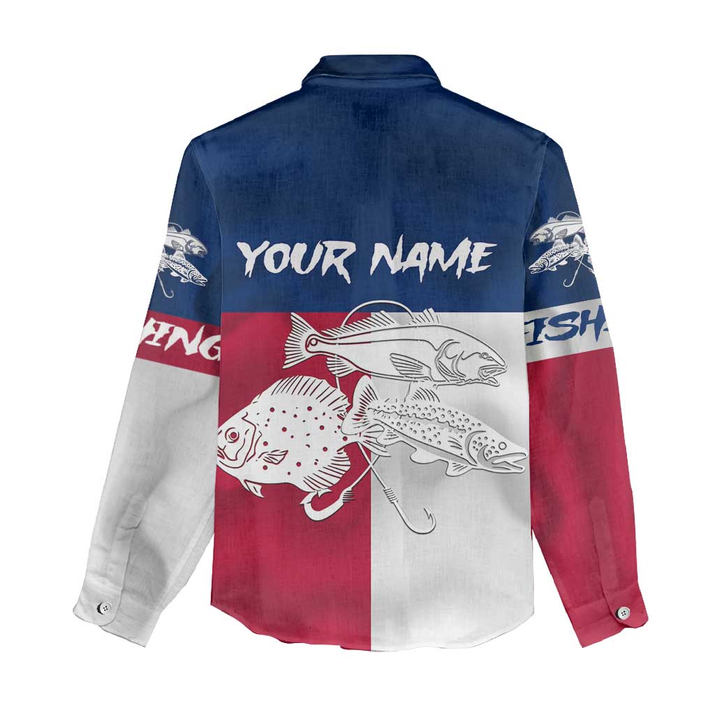 Custom Texas Fishing Women Casual Shirt Hooked Fish Graphic - Red White and Blue Theme - Wonder Print Shop