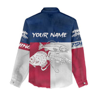 Custom Texas Fishing Women Casual Shirt Hooked Fish Graphic - Red White and Blue Theme - Wonder Print Shop