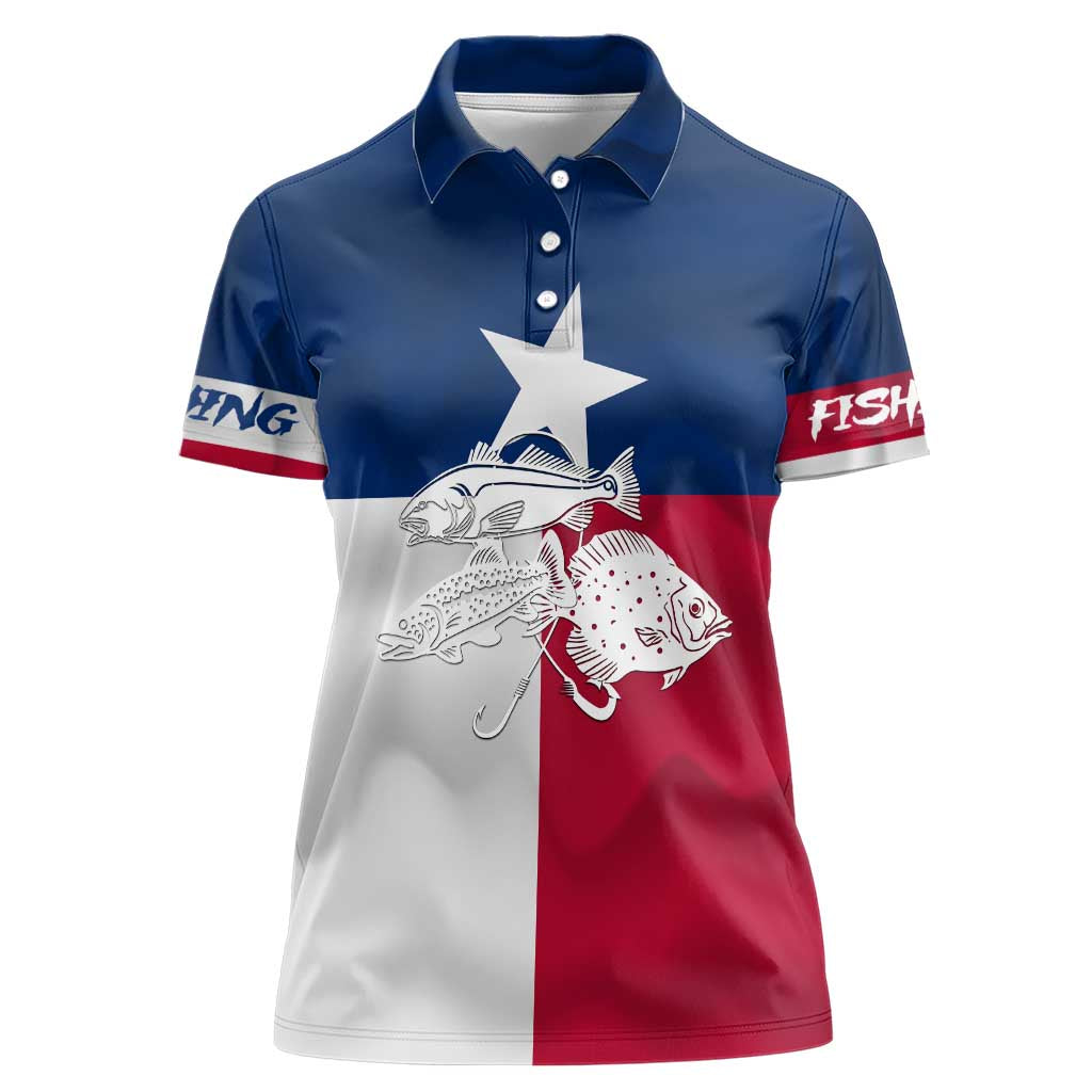 Custom Texas Fishing Women Polo Shirt Hooked Fish Graphic - Red White and Blue Theme - Wonder Print Shop