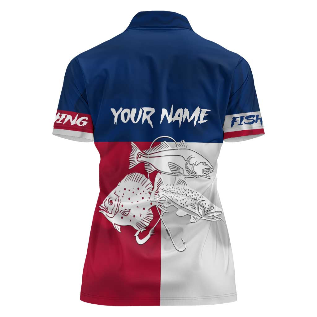 Custom Texas Fishing Women Polo Shirt Hooked Fish Graphic - Red White and Blue Theme - Wonder Print Shop