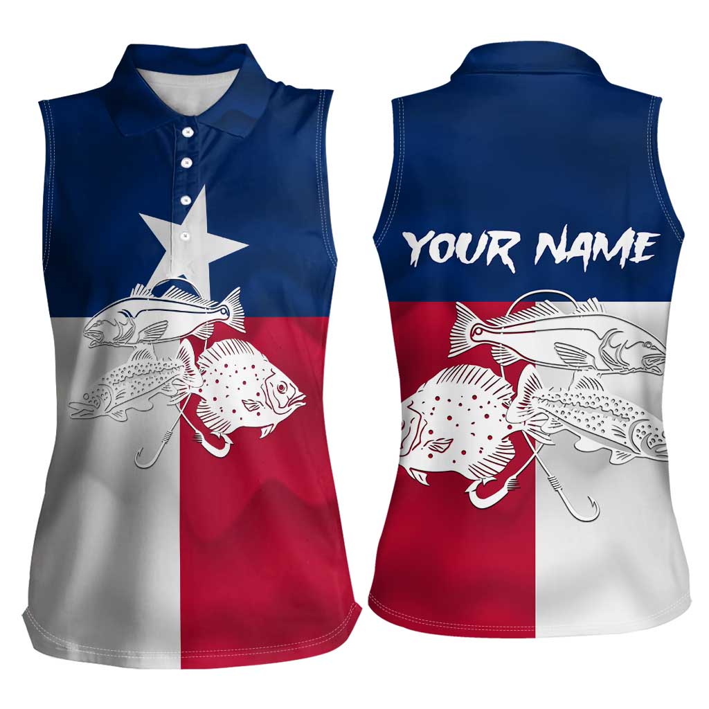 Custom Texas Fishing Women Sleeveless Polo Shirt Hooked Fish Graphic - Red White and Blue Theme - Wonder Print Shop