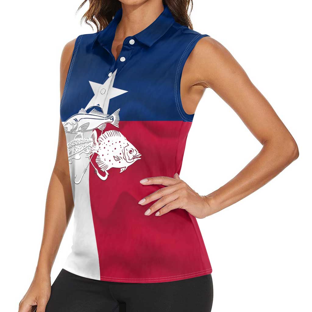 Custom Texas Fishing Women Sleeveless Polo Shirt Hooked Fish Graphic - Red White and Blue Theme - Wonder Print Shop