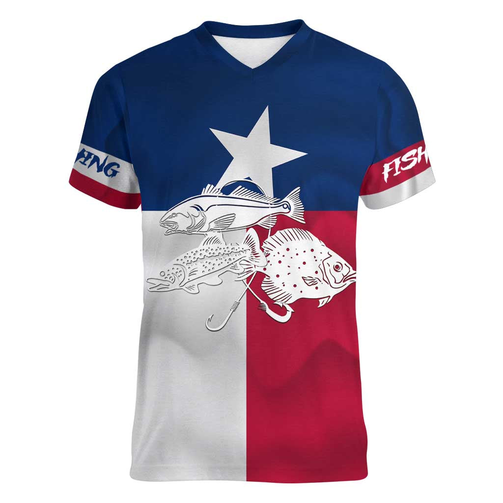 Custom Texas Fishing Women V-Neck T-Shirt Hooked Fish Graphic - Red White and Blue Theme - Wonder Print Shop