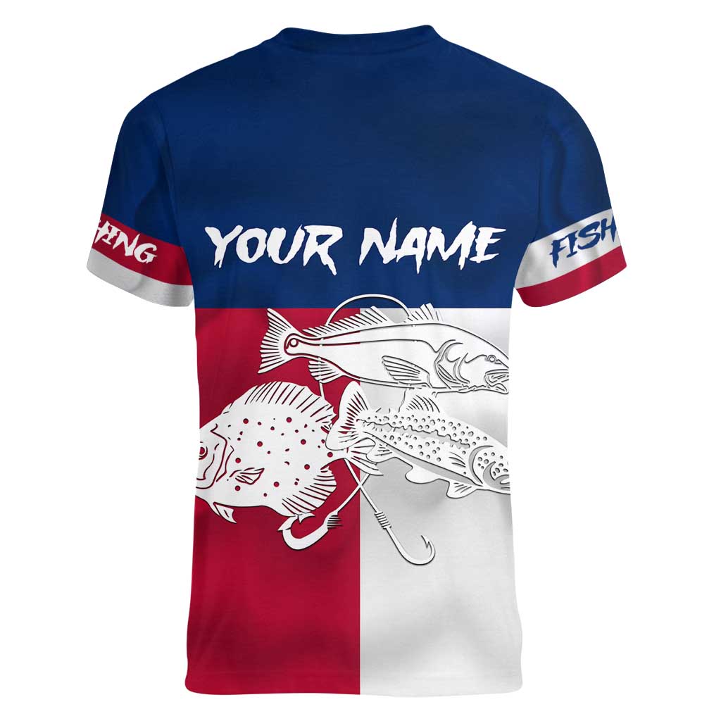 Custom Texas Fishing Women V-Neck T-Shirt Hooked Fish Graphic - Red White and Blue Theme - Wonder Print Shop