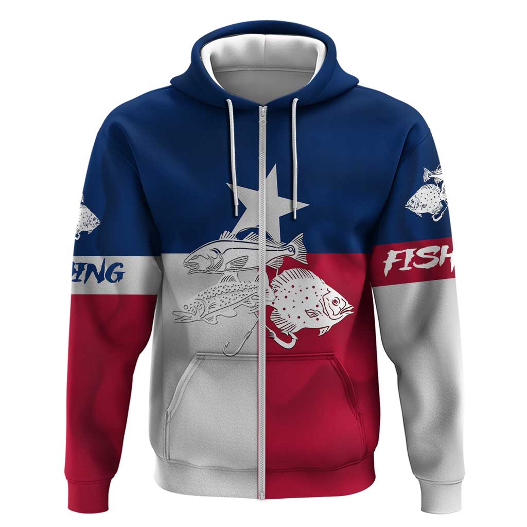Custom Texas Fishing Zip Hoodie Hooked Fish Graphic - Red White and Blue Theme - Wonder Print Shop