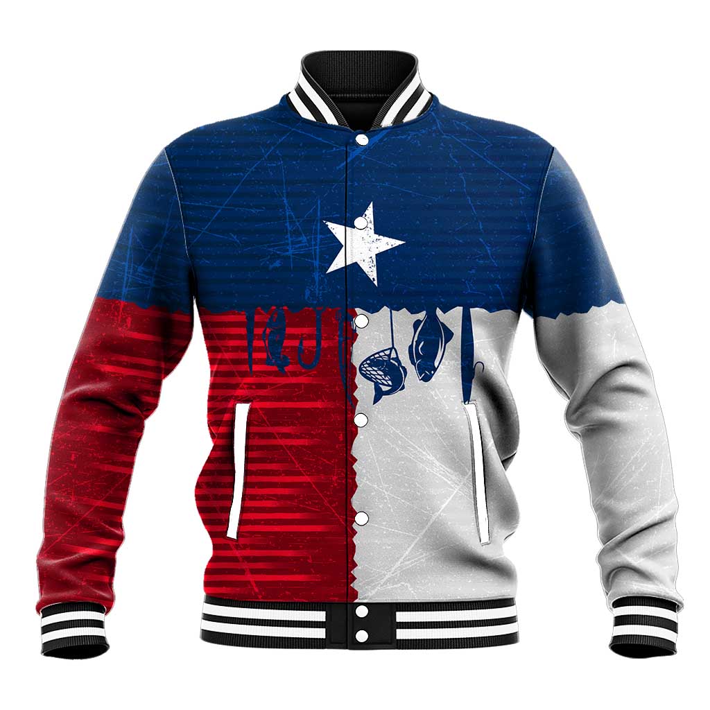 Flag Texas Fishing Baseball Jacket Personalized Hanging Fish and Hooks Graphic - Wonder Print Shop