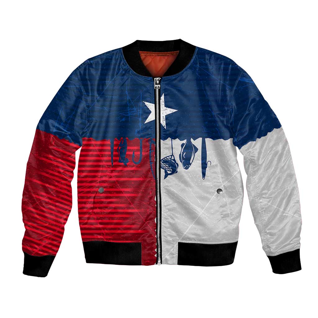 Flag Texas Fishing Bomber Jacket Personalized Hanging Fish and Hooks Graphic - Wonder Print Shop