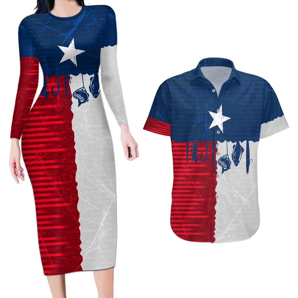 Flag Texas Fishing Couples Matching Long Sleeve Bodycon Dress and Hawaiian Shirt Personalized Hanging Fish and Hooks Graphic - Wonder Print Shop