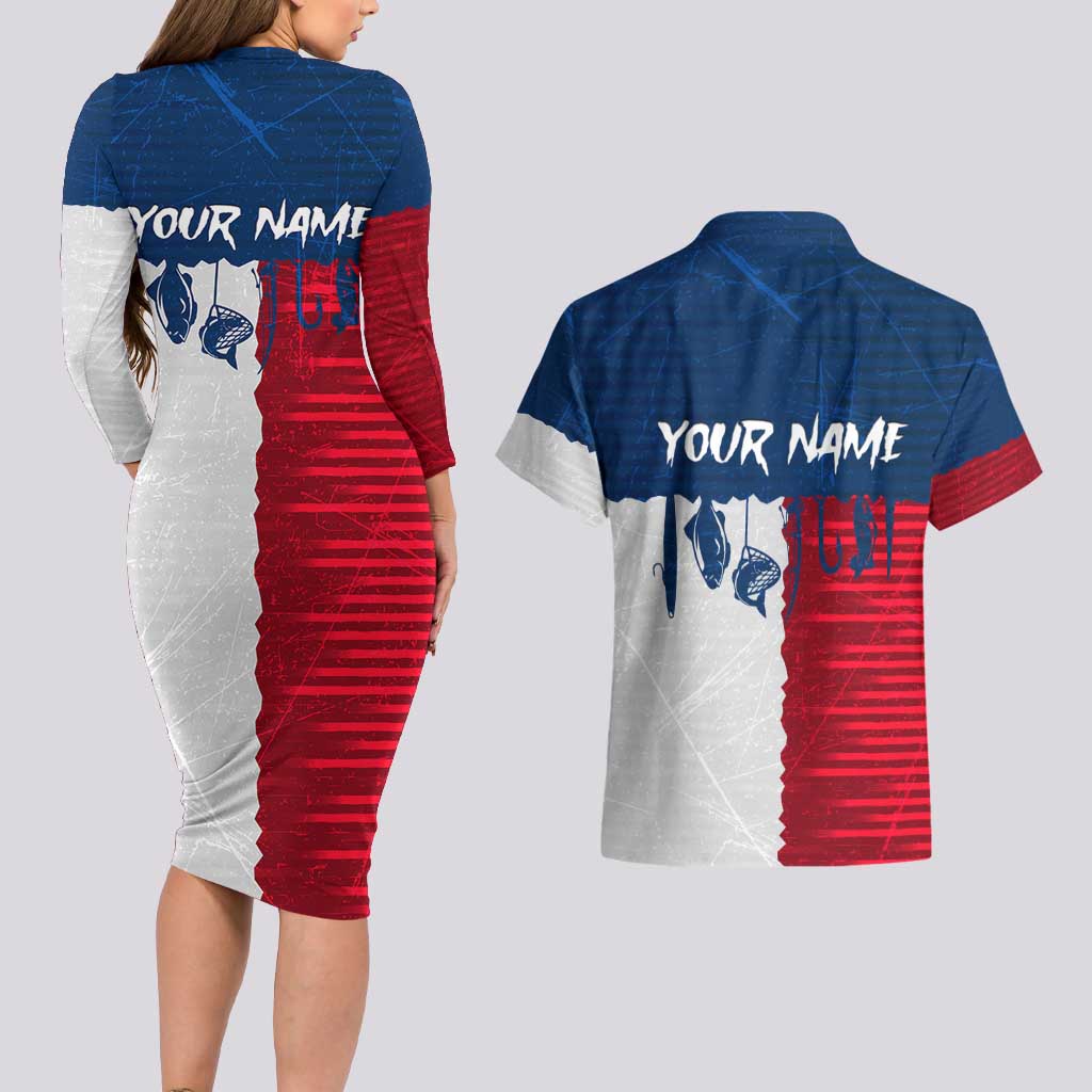 Flag Texas Fishing Couples Matching Long Sleeve Bodycon Dress and Hawaiian Shirt Personalized Hanging Fish and Hooks Graphic - Wonder Print Shop