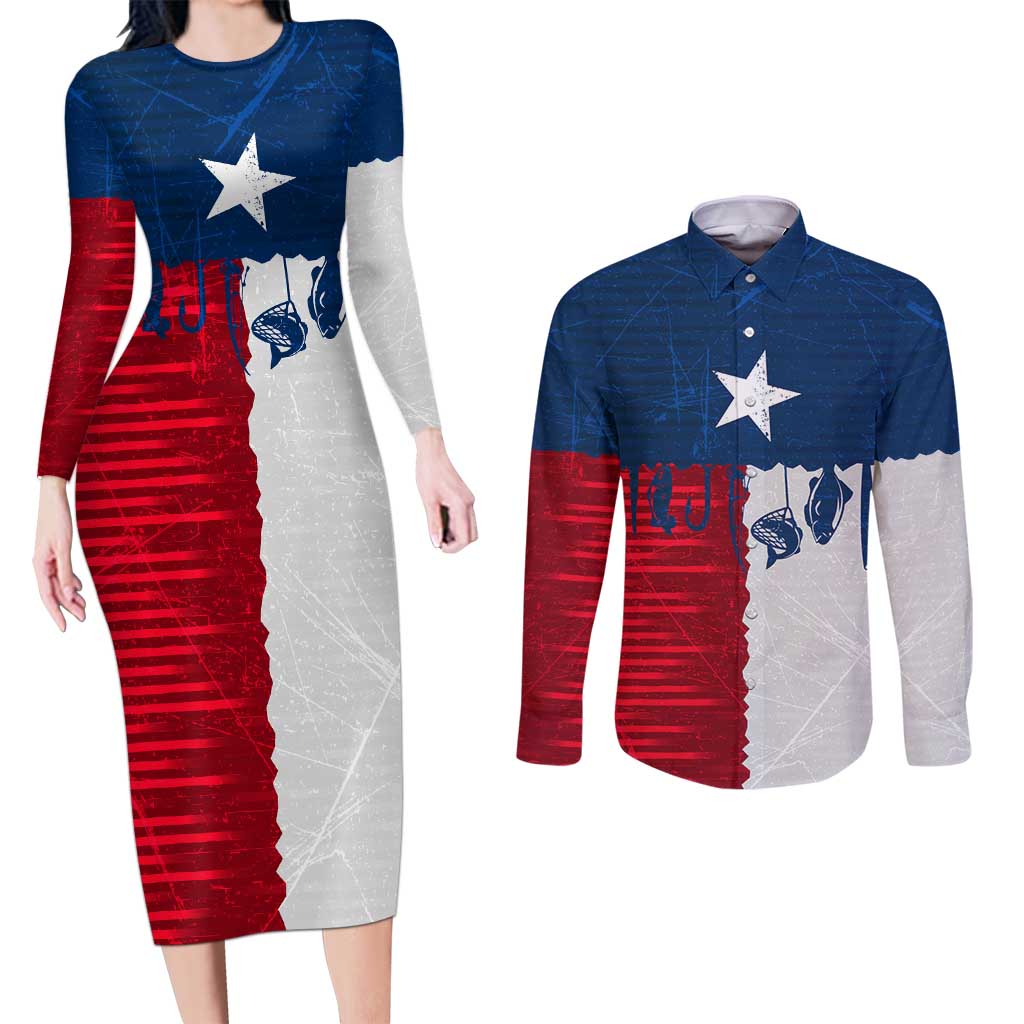 Flag Texas Fishing Couples Matching Long Sleeve Bodycon Dress and Long Sleeve Button Shirt Personalized Hanging Fish and Hooks Graphic - Wonder Print Shop