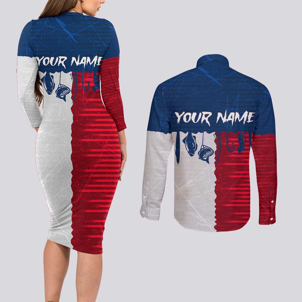 Flag Texas Fishing Couples Matching Long Sleeve Bodycon Dress and Long Sleeve Button Shirt Personalized Hanging Fish and Hooks Graphic - Wonder Print Shop