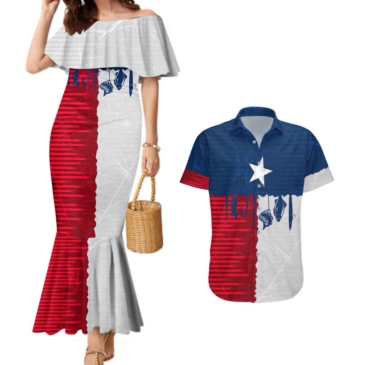 Flag Texas Fishing Couples Matching Mermaid Dress and Hawaiian Shirt Personalized Hanging Fish and Hooks Graphic - Wonder Print Shop
