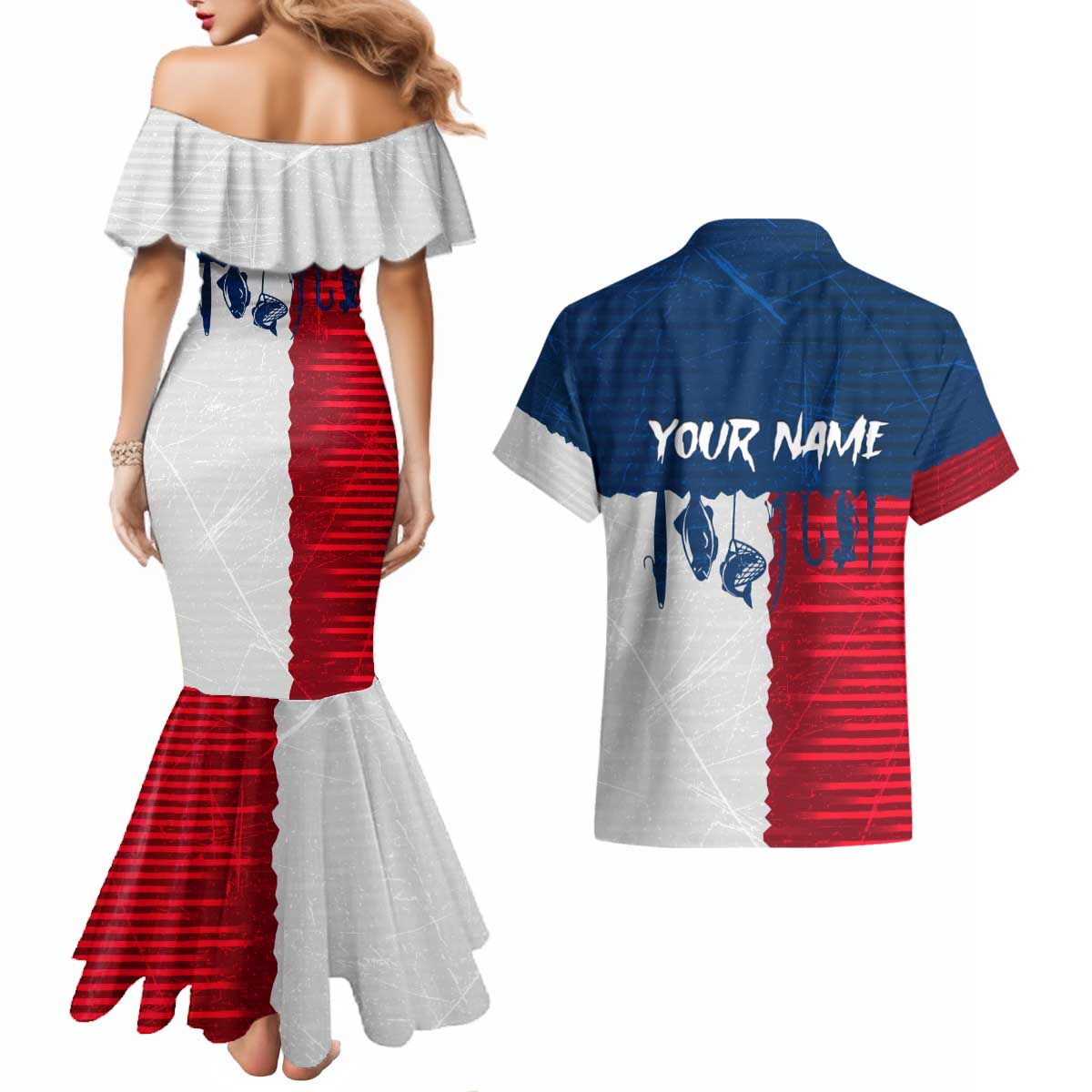 Flag Texas Fishing Couples Matching Mermaid Dress and Hawaiian Shirt Personalized Hanging Fish and Hooks Graphic - Wonder Print Shop