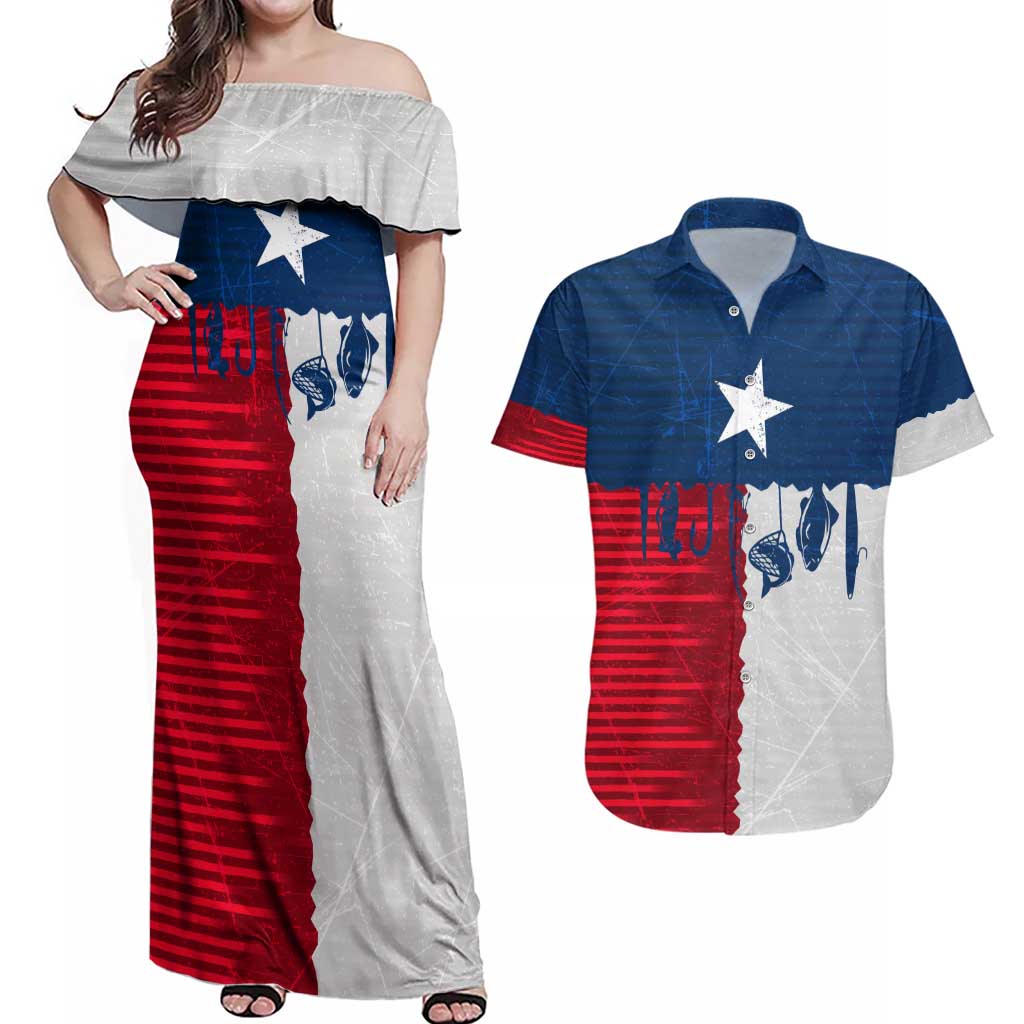 Flag Texas Fishing Couples Matching Off Shoulder Maxi Dress and Hawaiian Shirt Personalized Hanging Fish and Hooks Graphic - Wonder Print Shop