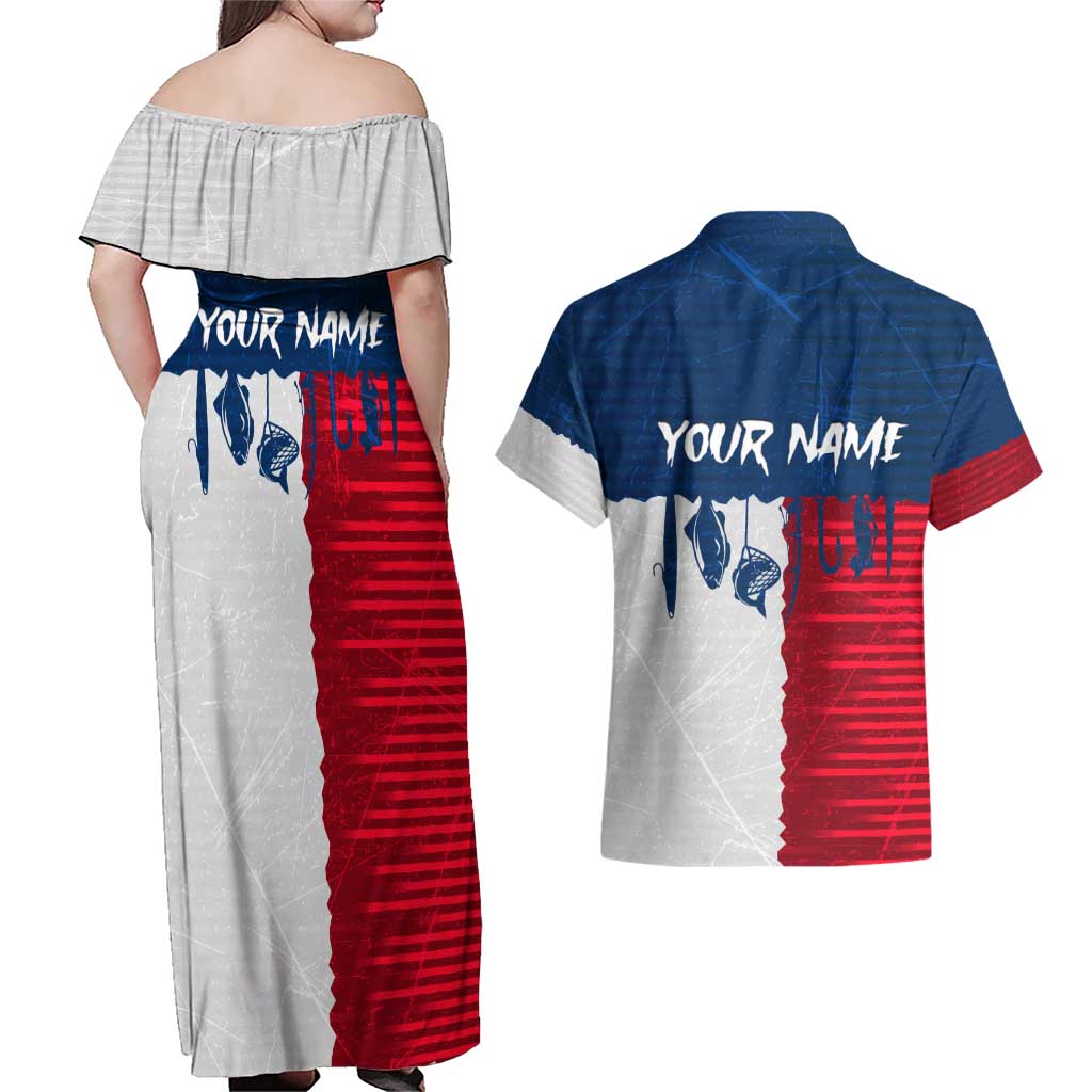 Flag Texas Fishing Couples Matching Off Shoulder Maxi Dress and Hawaiian Shirt Personalized Hanging Fish and Hooks Graphic - Wonder Print Shop