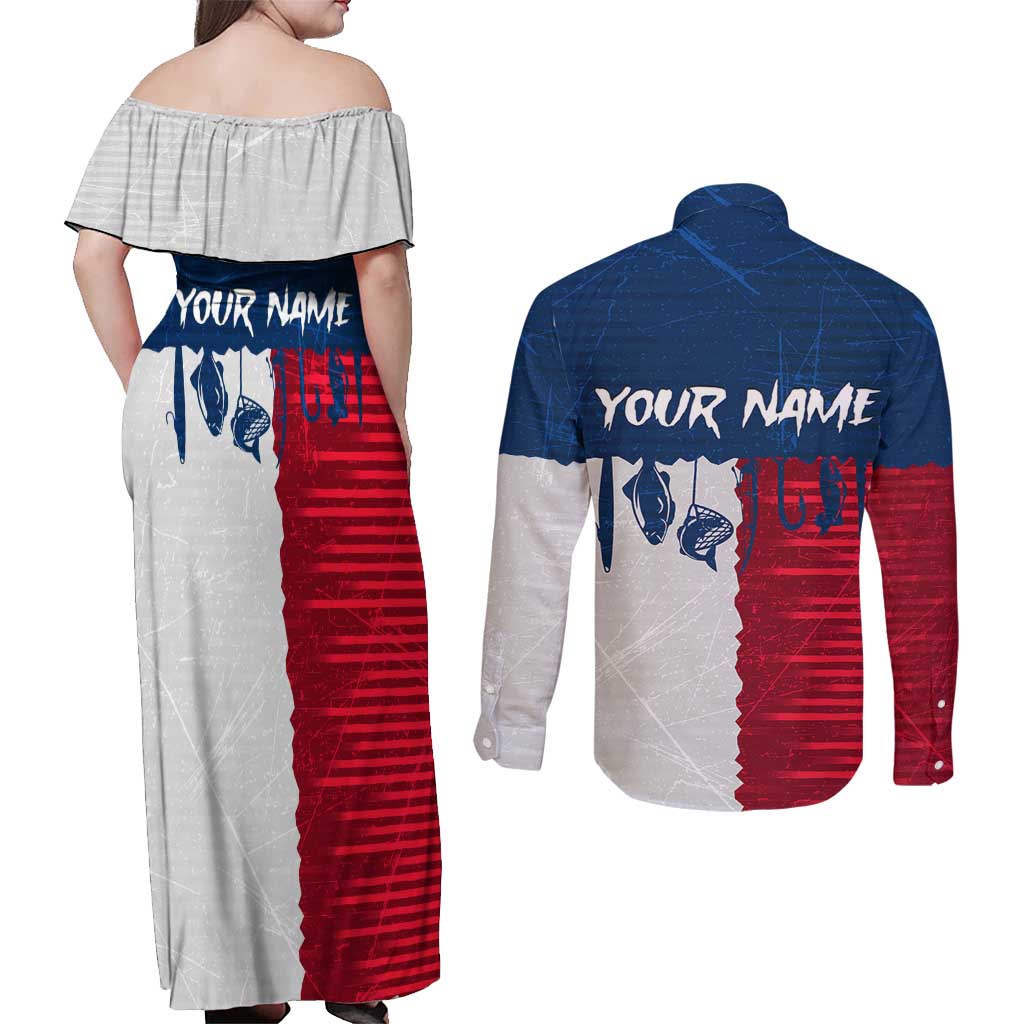 Flag Texas Fishing Couples Matching Off Shoulder Maxi Dress and Long Sleeve Button Shirt Personalized Hanging Fish and Hooks Graphic - Wonder Print Shop