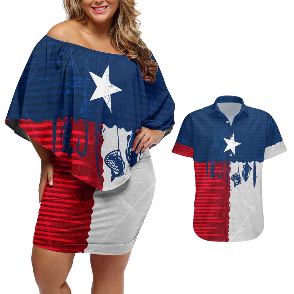 Flag Texas Fishing Couples Matching Off Shoulder Short Dress and Hawaiian Shirt Personalized Hanging Fish and Hooks Graphic - Wonder Print Shop