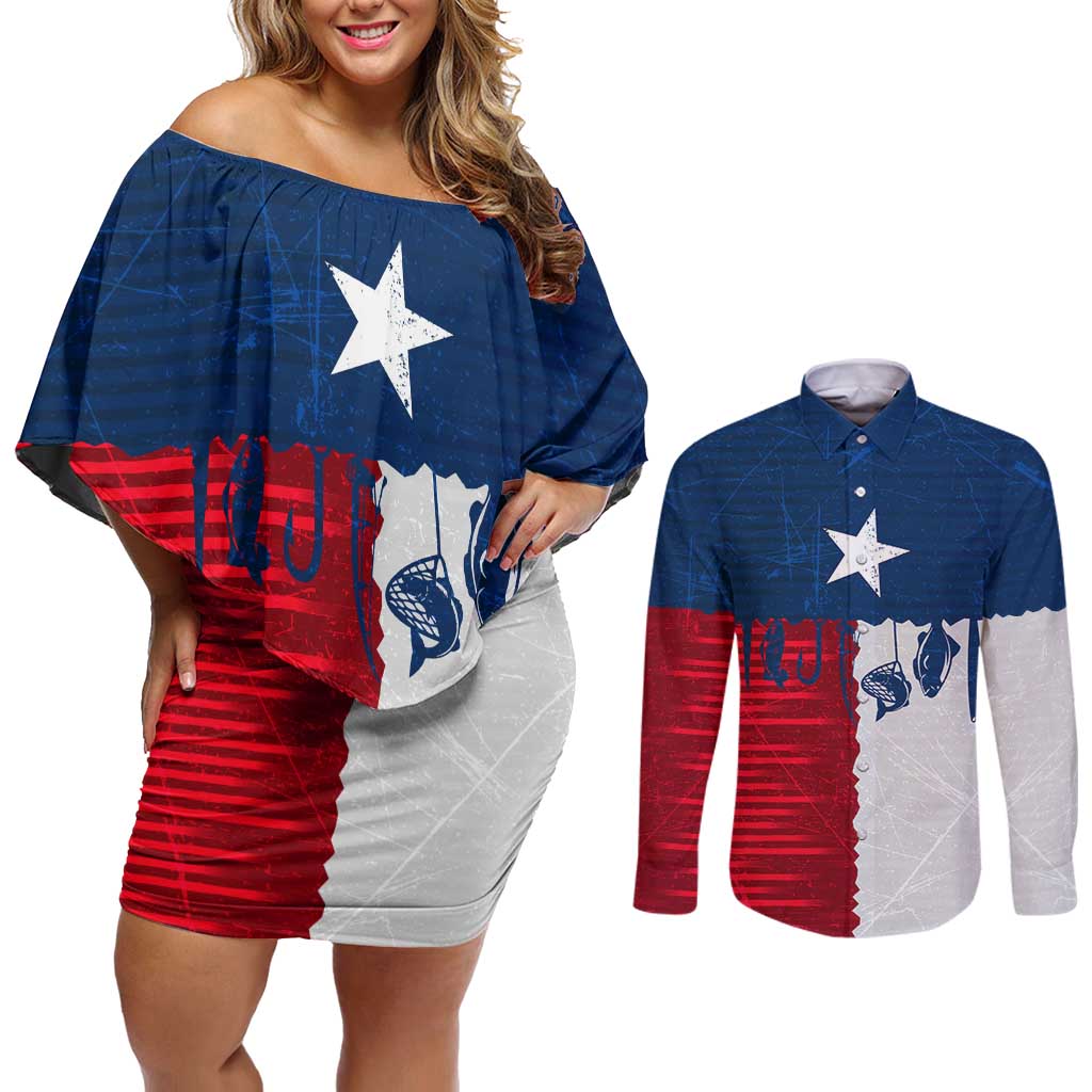Flag Texas Fishing Couples Matching Off Shoulder Short Dress and Long Sleeve Button Shirt Personalized Hanging Fish and Hooks Graphic - Wonder Print Shop