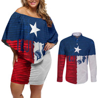 Flag Texas Fishing Couples Matching Off Shoulder Short Dress and Long Sleeve Button Shirt Personalized Hanging Fish and Hooks Graphic - Wonder Print Shop