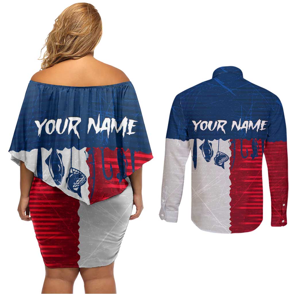 Flag Texas Fishing Couples Matching Off Shoulder Short Dress and Long Sleeve Button Shirt Personalized Hanging Fish and Hooks Graphic - Wonder Print Shop